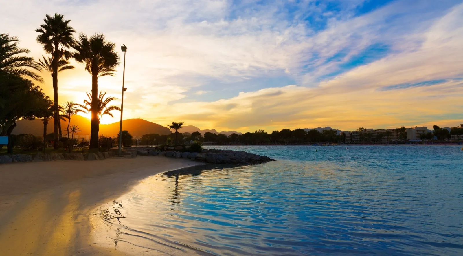 Dawn over a sheltered bay on Mallorca's north coast, with palms along the shoreline