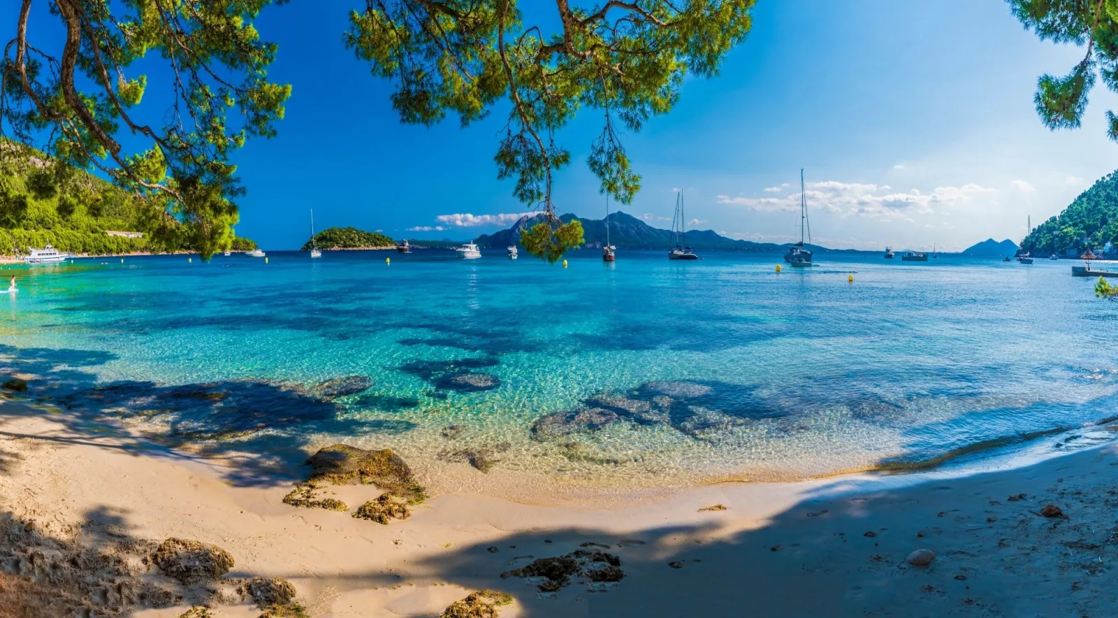 Clear shallow water and a pine-fringed beach on Mallorca, with yachts at anchor