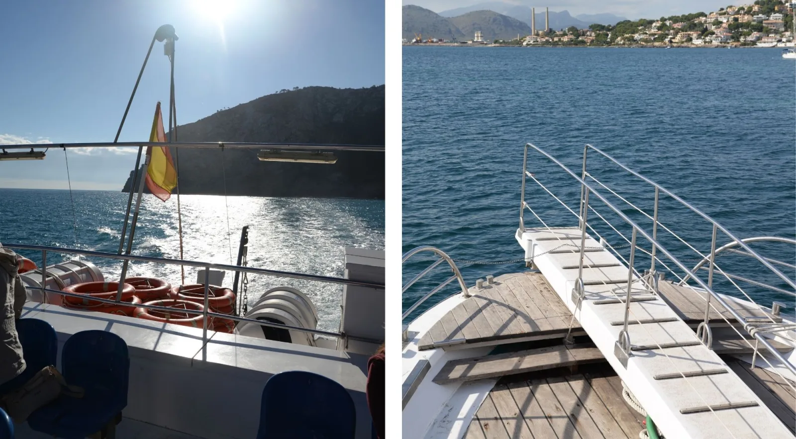 The deck of an excursion boat under the Spanish flag, looking out to a headland