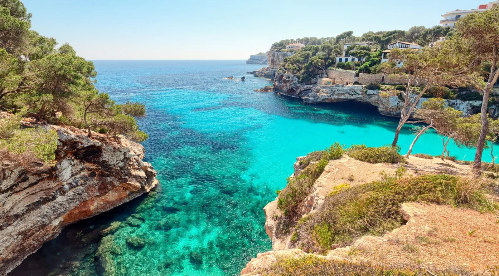 A narrow turquoise inlet between pine-covered cliffs on Mallorca's coast