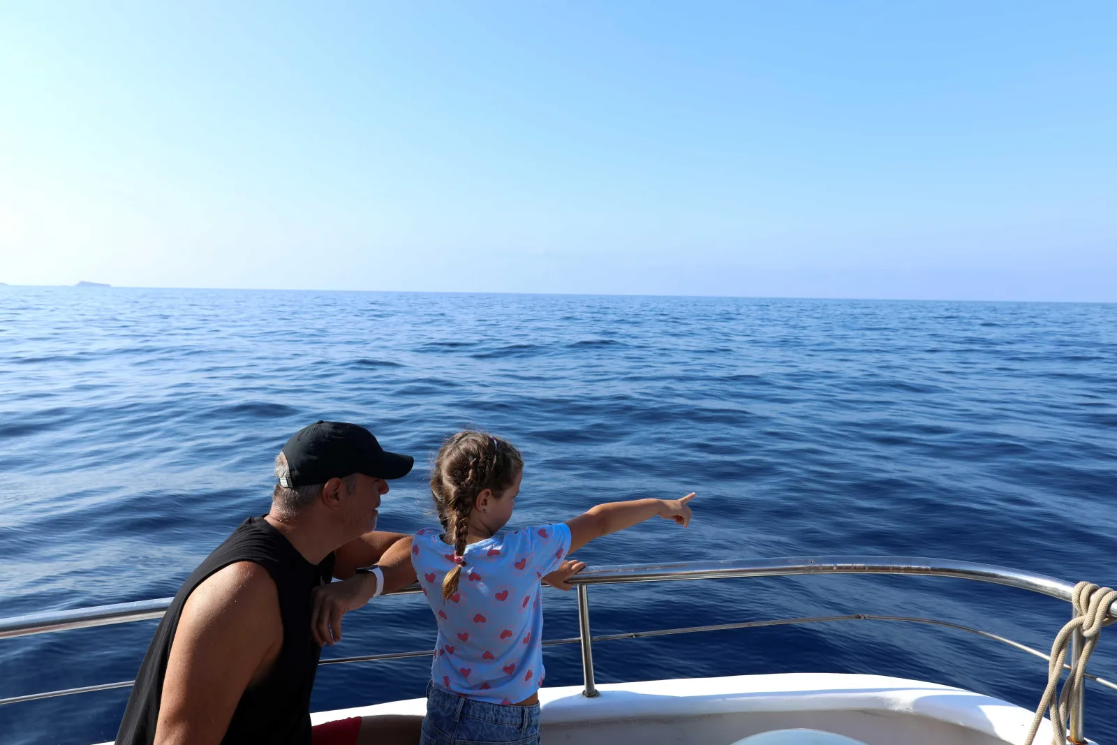 A man and a small child at the rail, pointing at dolphins in the distance