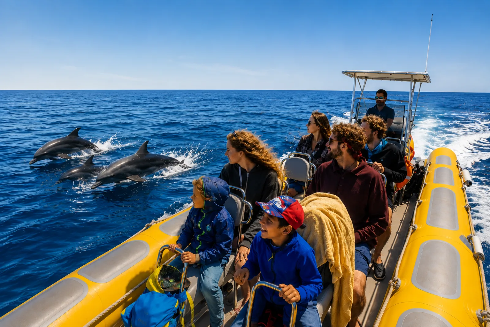 A pod of dolphins running alongside the speedboat