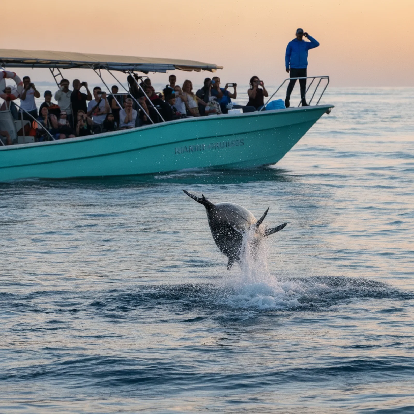 A dolphin leaping clear of the water beside the boat as guests watch