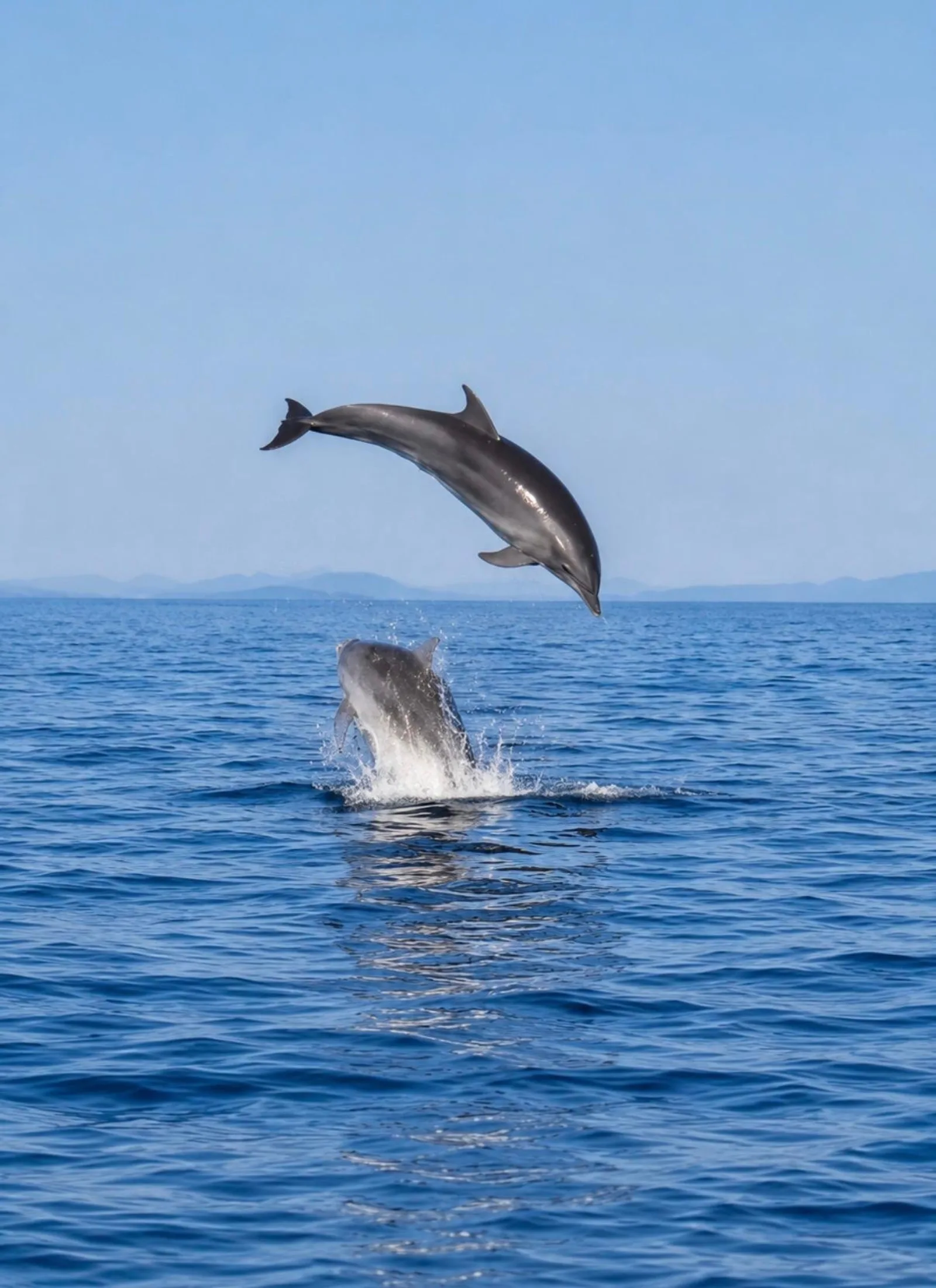 A dolphin mid-leap with a second animal surfacing behind it